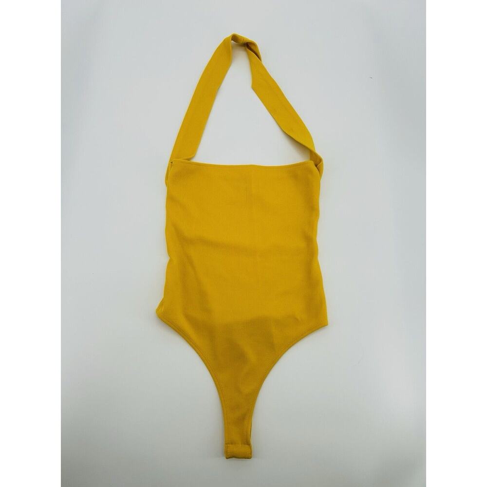 ASOS DESIGN Crossover Rib Halter Bodysuit in Yellow
